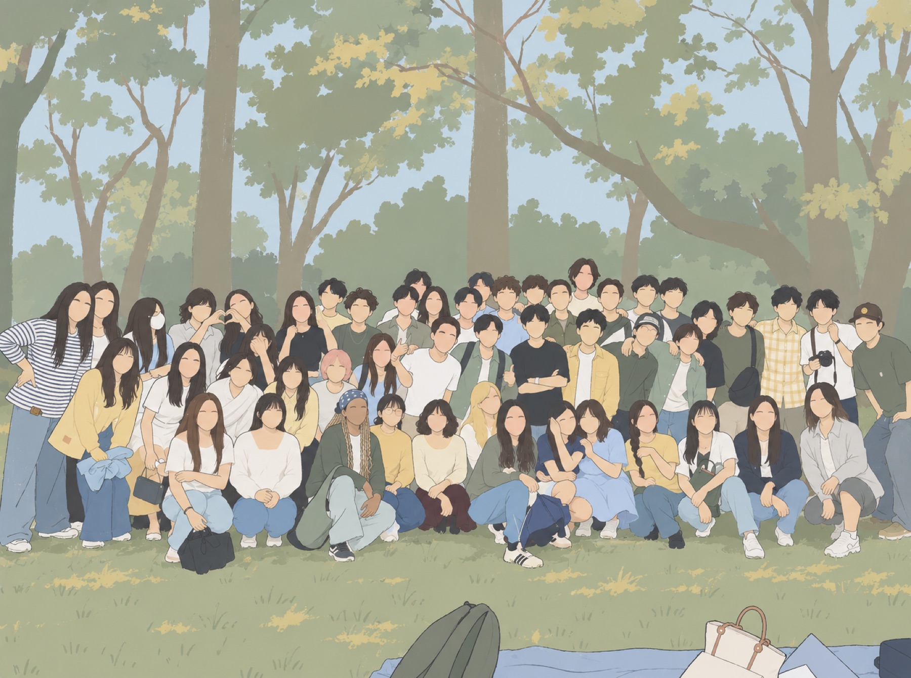 Illustration of a big group of students gathered in a park